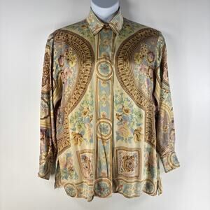 Jerri Sherman Vtg Women's Top 12 100% Silk Button Up Shirt Floral Baroque Print